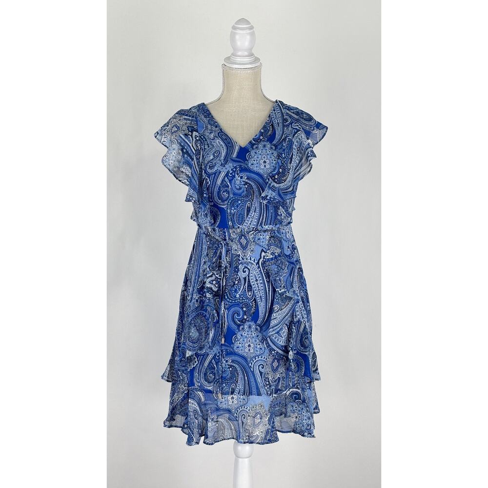 Tommy Hilfiger Paisley Ruffle Mini Dress Blue Womens Size 2 New - Picture 4 of 12